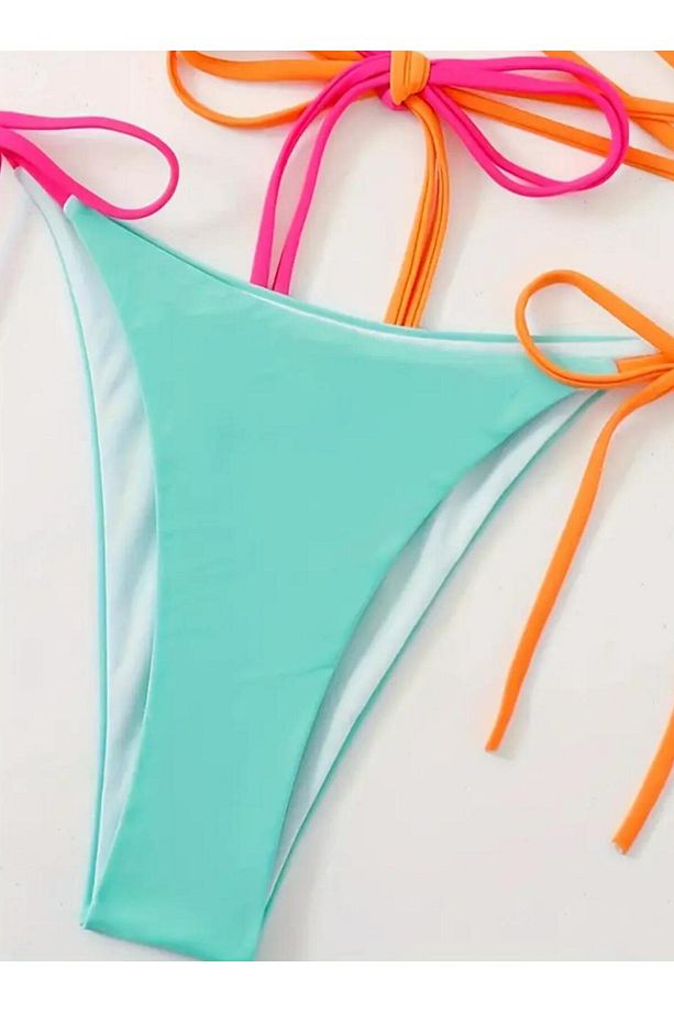 Üç Renkli Bikini Takımı - Yüksek Kesim, Boyun Bağlamalı ve Yanları Bağlamalı Makinede Yıkanabilir - 4