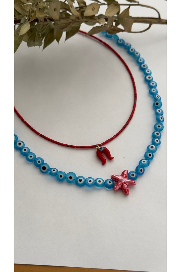 Glass Evil Eye Bead and African Bead Necklace (with Sea Star and Nal Detail) Double Necklace
