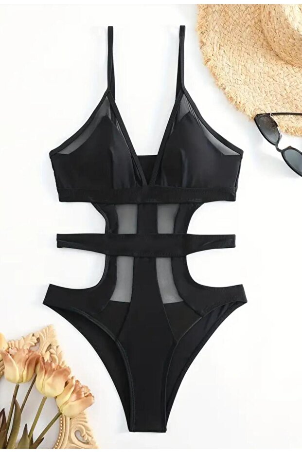 Monochromatic Mesh Detail One Piece Swimsuit with V Neck Thin Straps