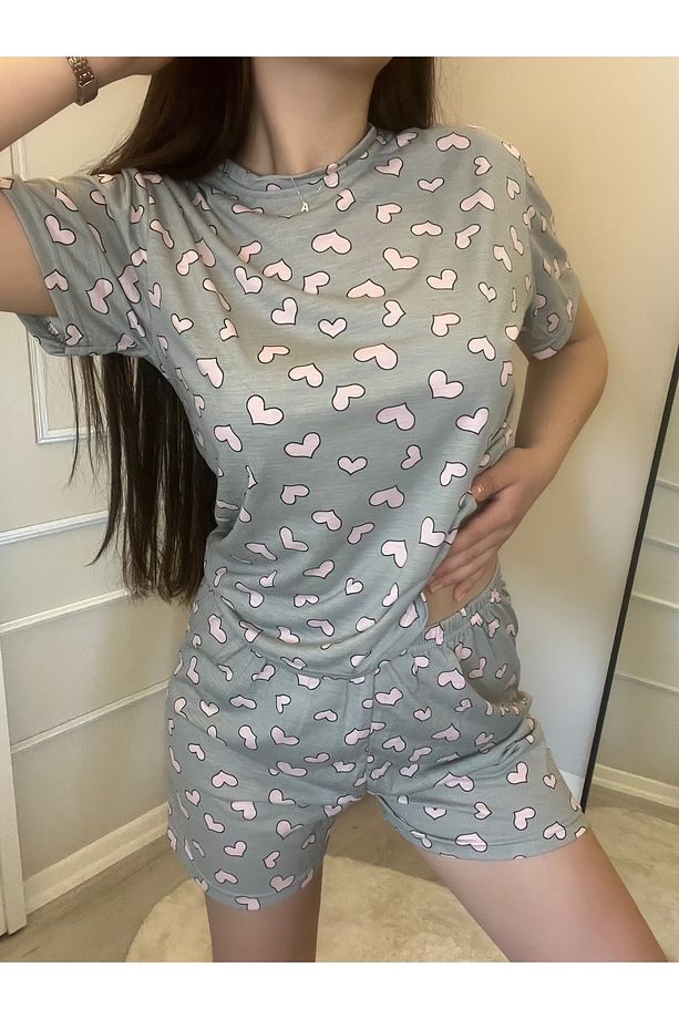 Kadın Kalp Desenli Kısa Kollu Şortlu Pijama Takımı - 1