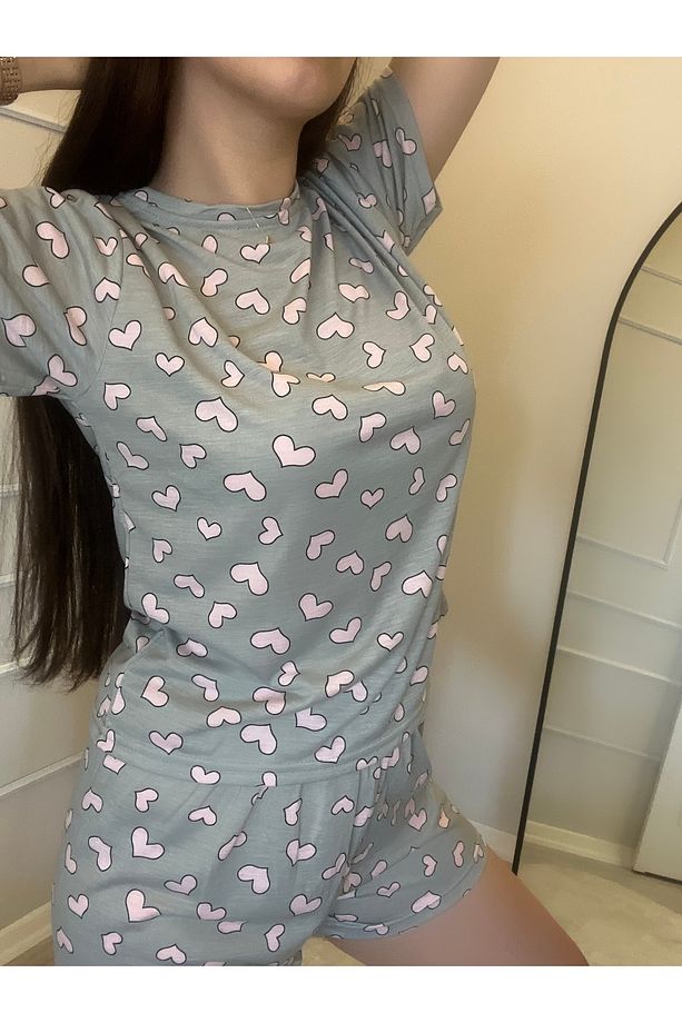 Kadın Kalp Desenli Kısa Kollu Şortlu Pijama Takımı - 2