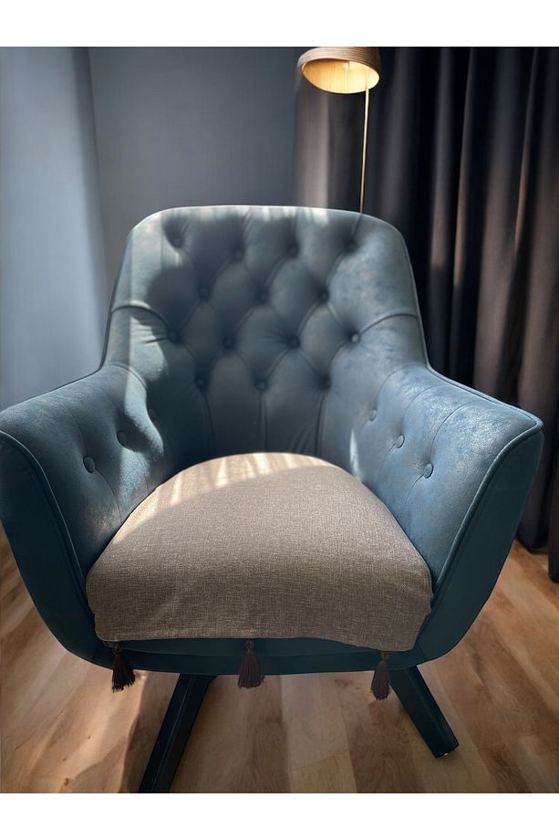 2 Adet Döşemelik Keten Kumaş Tekli Koltuk Örtüsü Püsküllü Kaymaz 80x80 Cm - 1