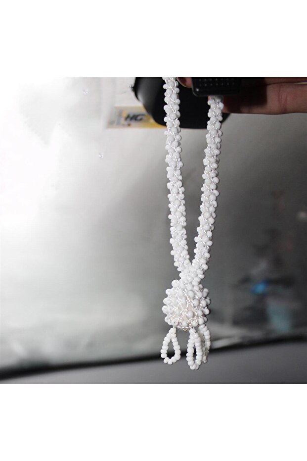 مسبحة خرزية قصيرة على شكل كرة مع مرآة خلفية للسيارة، زينة بيضاء بطول 15-20 سم