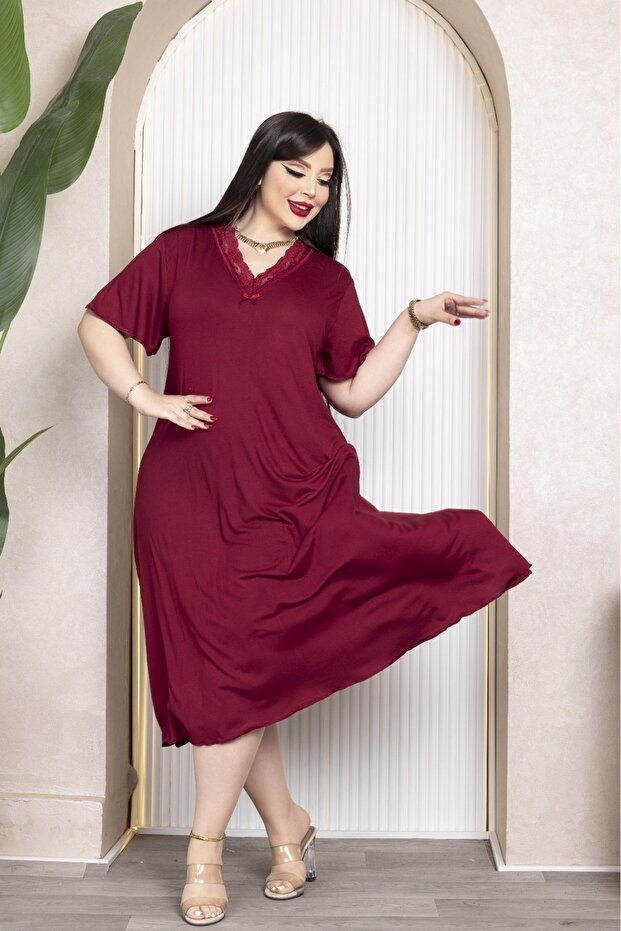 Bamboo V-Neck Lace Detailed Skirt Flared Dress Plus Size 7XL