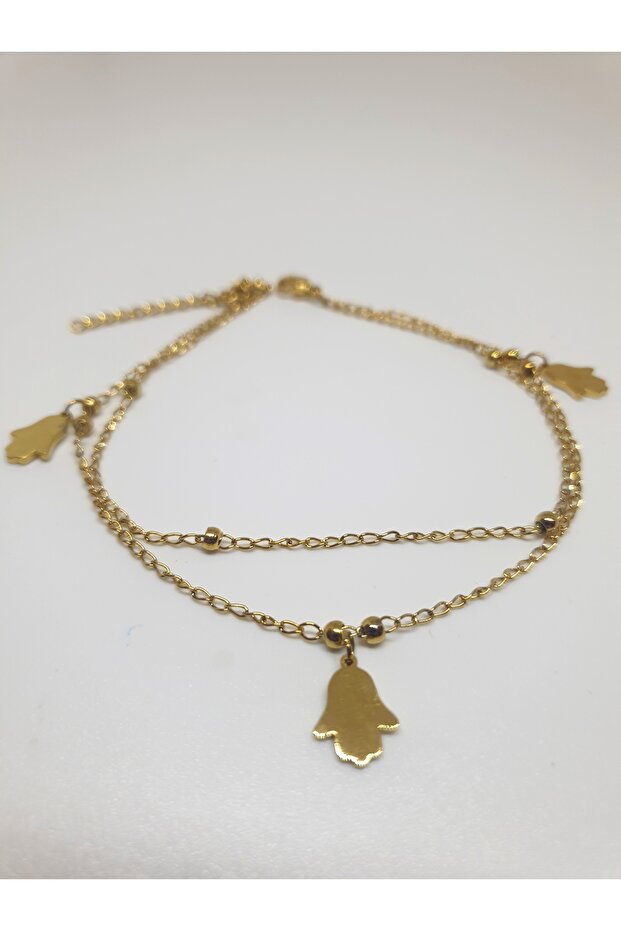 1. Class Quality 316L Steel Anklet, Double Chain with Fatma's Hand Figure Model No 3