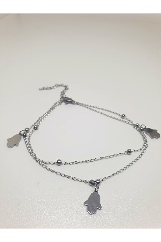 1. Class Quality 316L Steel Anklet, Double Chain with Fatma's Hand Figure Model No 3