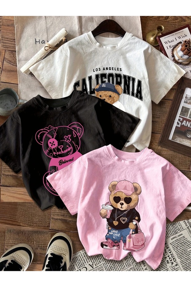3 Pack Women's Bear Print T-Shirts - Comfortable Crew Neck for Casual, Short Sleeve,