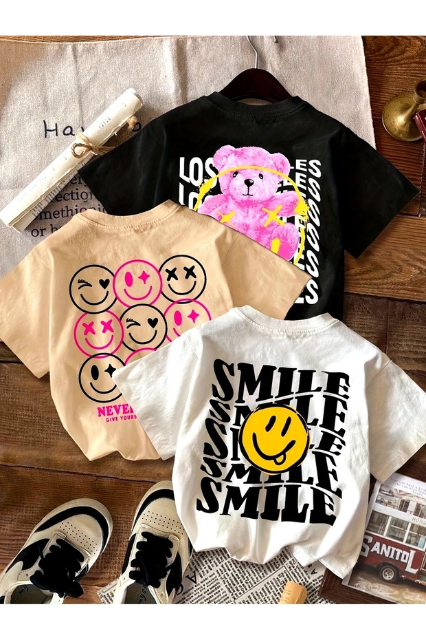 3-Pack Women's Casual Round Neck T-Shirts with Smiling Face & Text Graphics