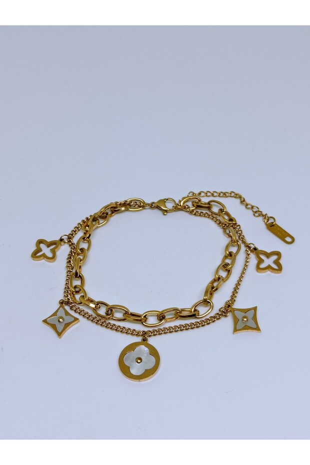 1. Grade Quality 316L Surgical Steel Women's Bracelet, Double Chain with Pearlescent Flower Figured Model No 2