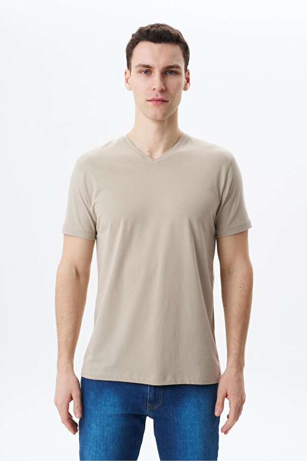Ar-Ma Men's V-Neck T-Shirt Unprinted Basic Regular Fit Full Single Jersey Y29364453102 Beige-B1