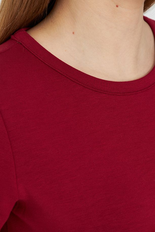 Kadın Bordo Basic Yazlık Modal Kumaş İçeren Yumuşak Dokulu Elbise - 7