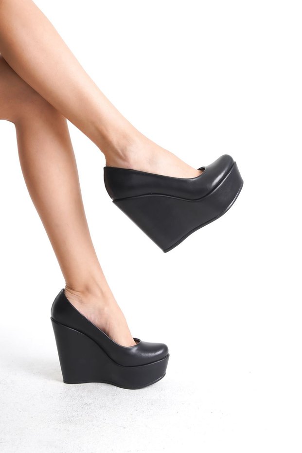 Orion; Black Matte Leather, 12 cm Wedge Heeled Shoes