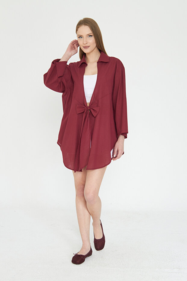 Women's Burgundy Linen Tied Kimono Shirt - Kimono1 - Sevde Ugur