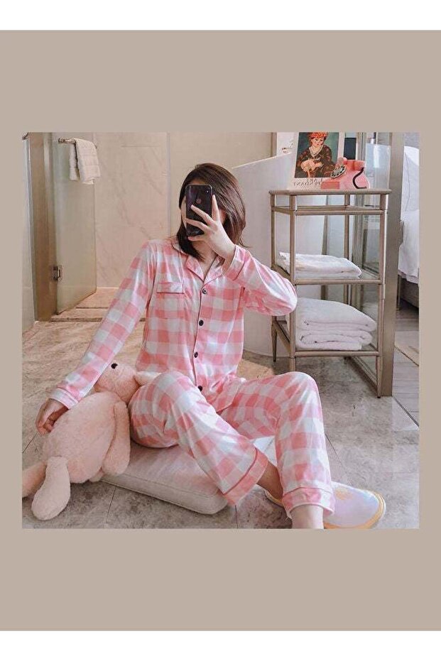 Sweet Plaid Pattern Spring Autumn Top and Trouser Nighty Set Pink/White
