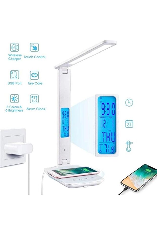 مصباح مكتب LED بتقنية الشحن اللاسلكي QI مع ساعة منبه باللون الأبيض 28x33x16 سم
