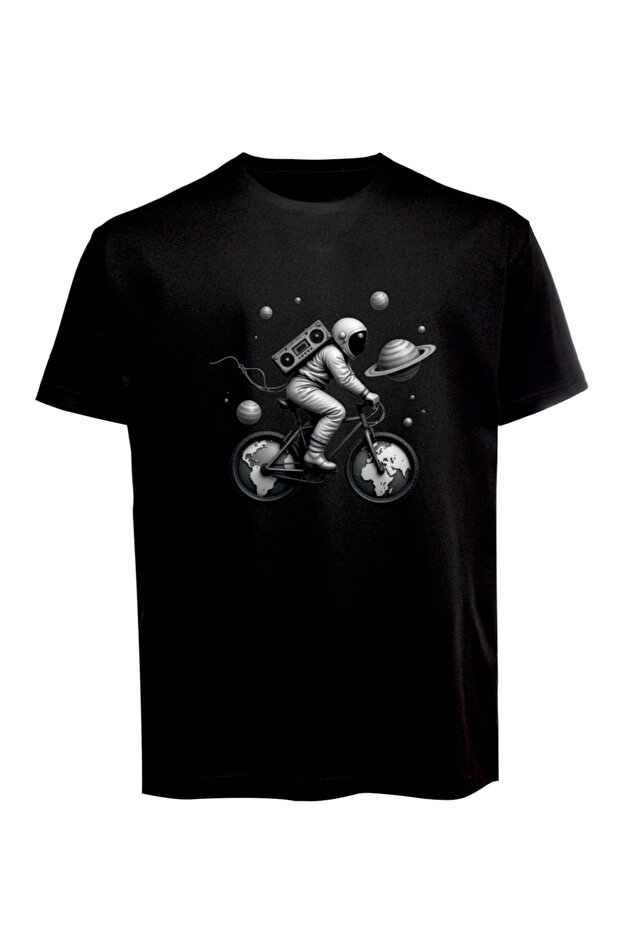 Unisex Space Astronaut and Bicycle Printed T-Shirt Cotton Combed Single Jersey Basic