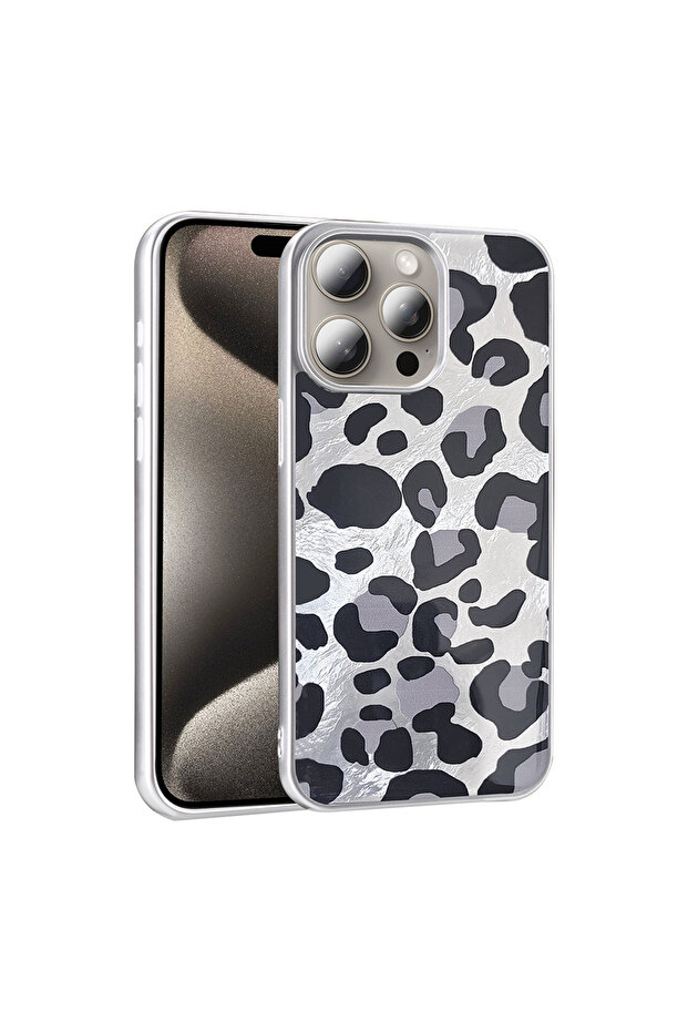 غطاء حماية لهاتف آيفون 15 برو بنمط مطبوع - رمادي ليوبارد - 1