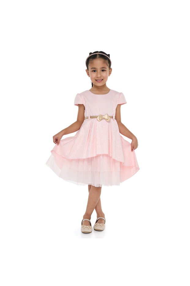 Girls Elegant Lt Pink/Gold Jacquard & Tulle Party Dress