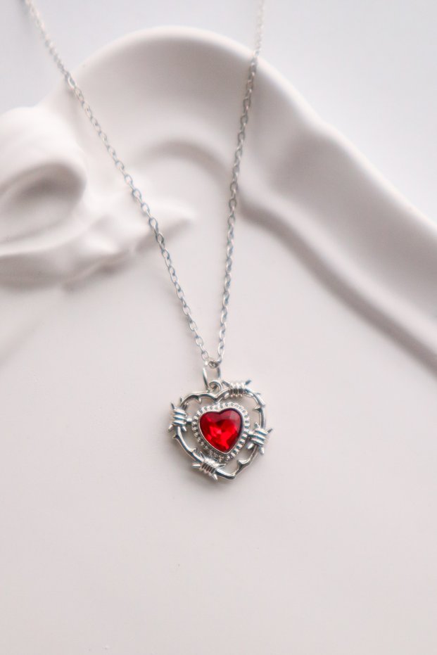 Red Heart with Silver Color Chain Imported Necklace with Thorns