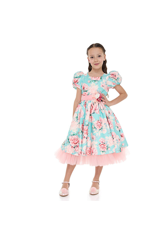 Floral Satin Dress With Mesh Edge