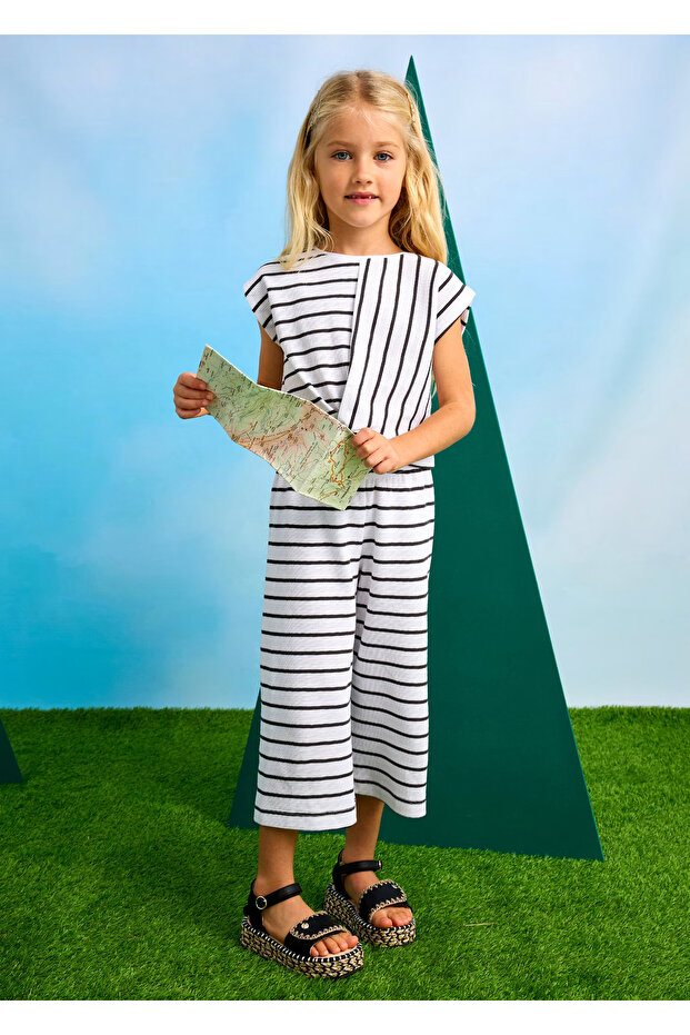 Girl's Striped T-Shirt Pants Suit White 3559