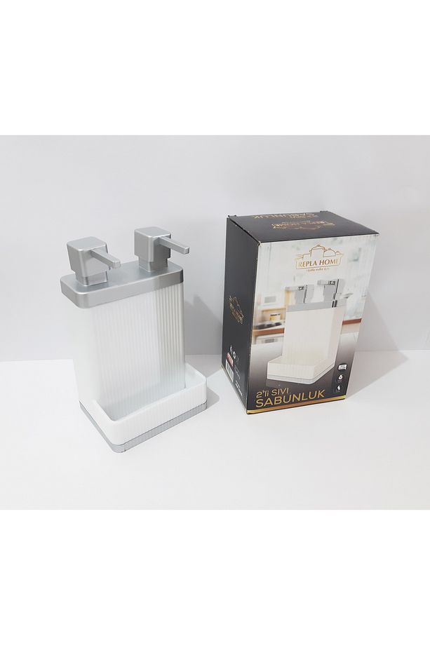800 ML 2 Li Sıvı Sabunluk 20x12x10 CM Gümüş Renk Kapaklı İki Bölmeli Sıvı Sabunluk - 2