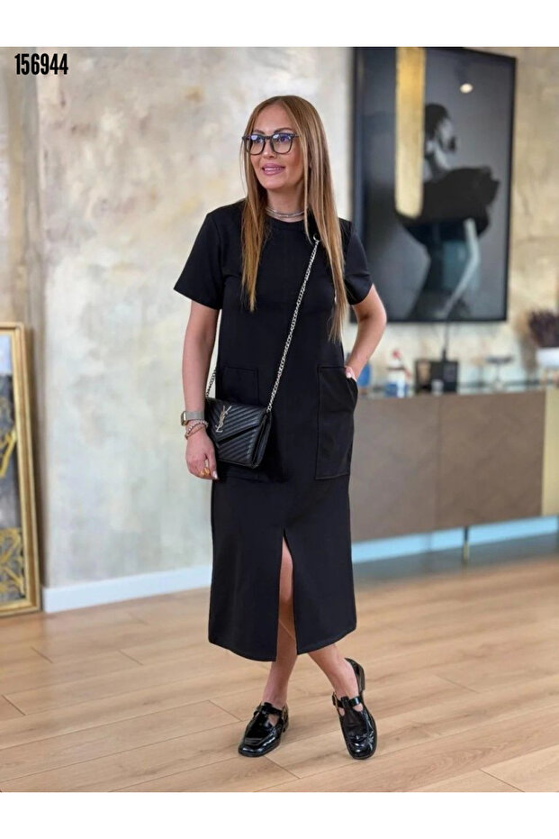 Women's Short Sleeve Crew Neck Pocket Front Slit Viscose Two Thread Midi Dress