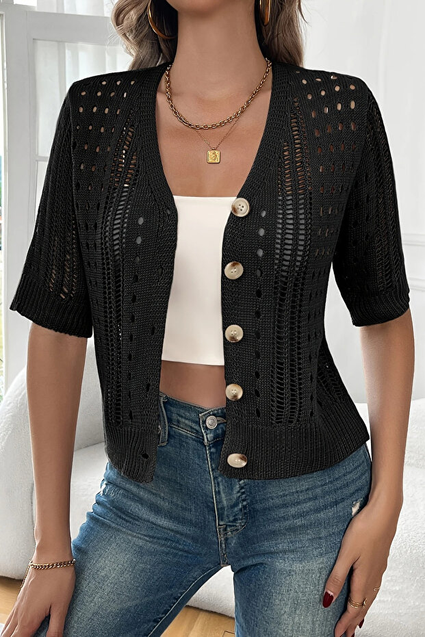 Short Sleeve Openwork Summer Buttoned V-Neck Knitted Cardigan Black
