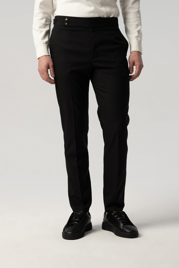 Long Tongue Waist Buckle Detailed Black Fabric Trousers 2351-07