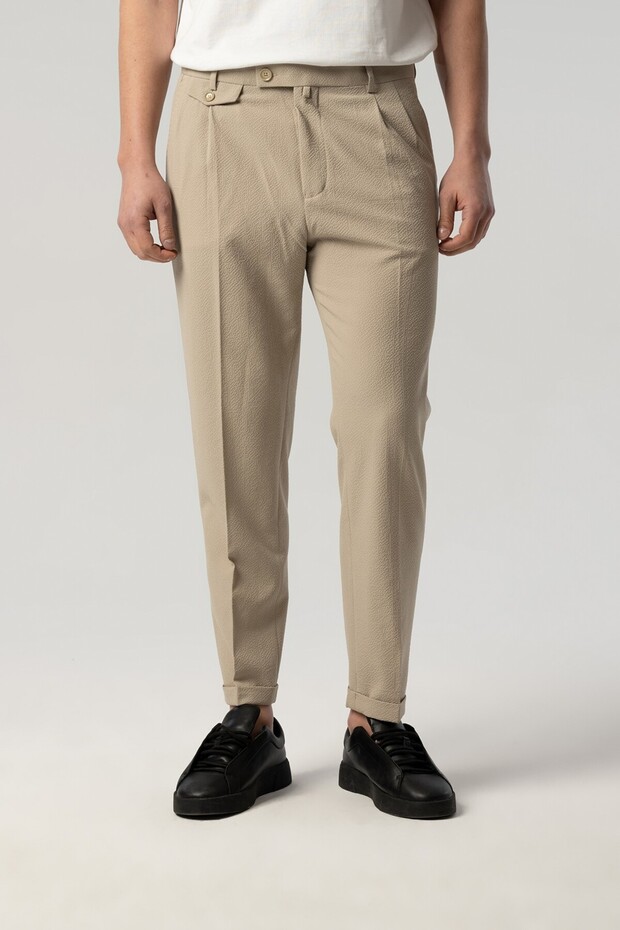 Front Pleated Leg Double Seersucker Fabric Beige Trousers 2286-140