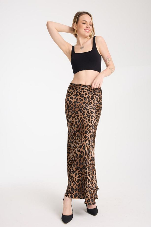 Saten Kumaş Midi Boy Leopar Kadın Etek - 7