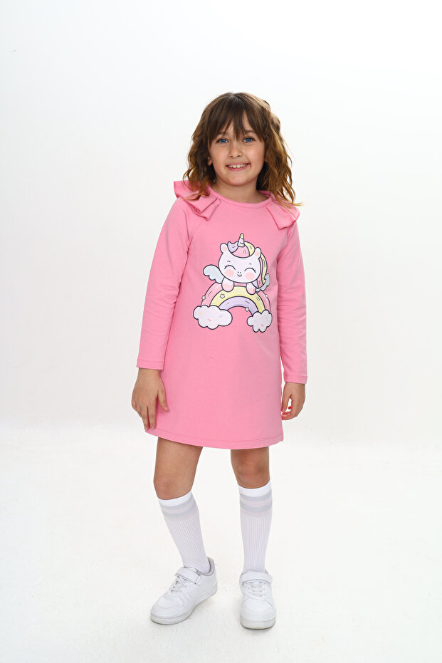 Kız Çocuk Elbise Unicorn Baskılı Uzun Kollu - 5