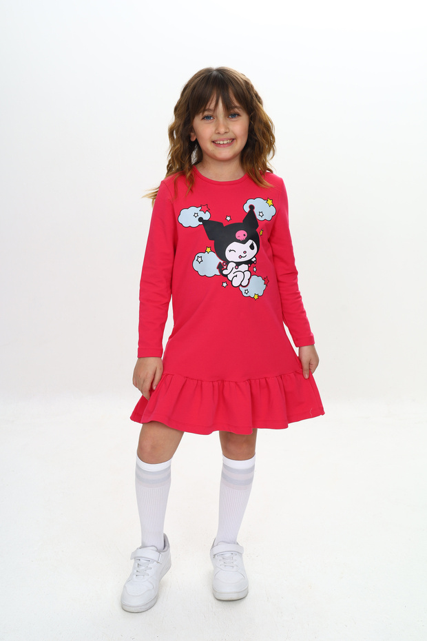 Girl's Dress Kuromi Printed Long Sleeve Skirt with Ruffles