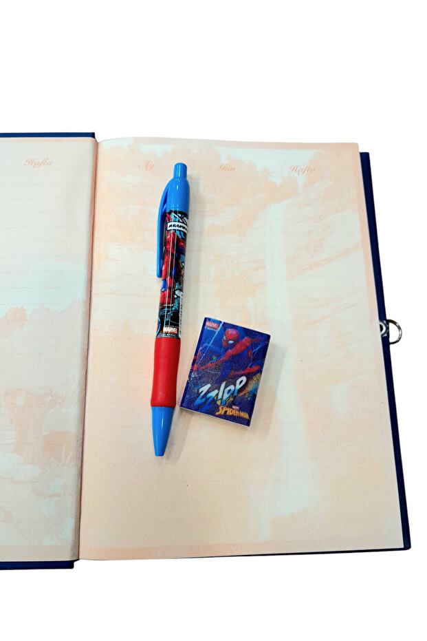 Spiderman Character Locked Souvenir Daily Memory Notebook -Versatile Pen-Eraser Set - 3