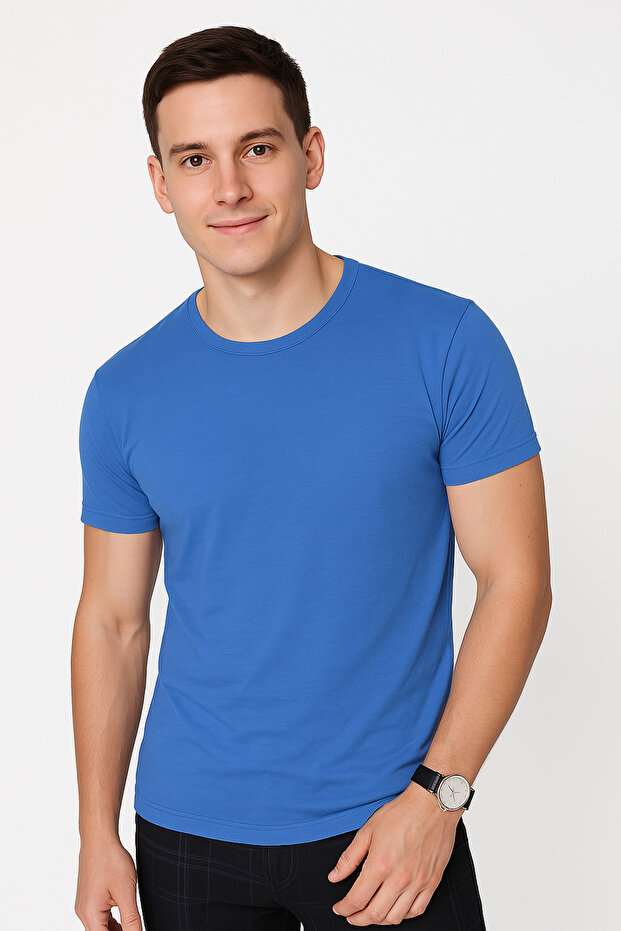 تي شيرت رجالي مصنوع من القطن بنسبة 100% بلون سادة وياقة دائرية من القطن الممشط الأساسي - 1