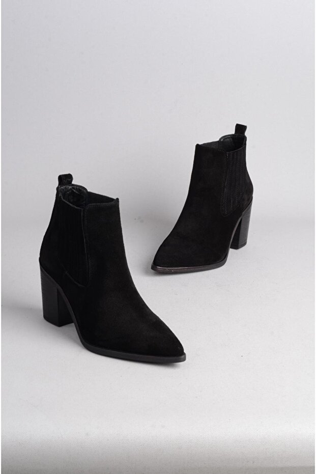 Seç 9694 Genuine Leather Western Heeled Boots (Heel Height: 8 cm) Black Suede