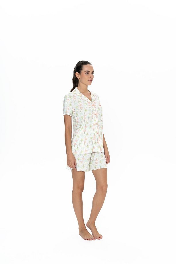 U.S. Polo Assn. Kadın Ekru Patlı Palmiye Desen Şort-Gömlek Pijama Takımı - SELKR20W08S1O - 3
