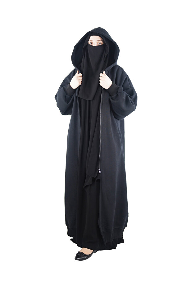 Ece Kapüşonlu Fermuarlı Sweat Elbise - Siyah - 3