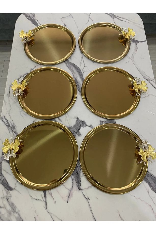 6'lı Kelebekli Yuvarlak Gold Sunum Tepsisi Dekoratif Servis Tepsisi Çay, Kahve 22 Cm - 2