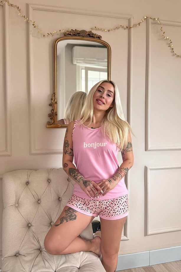 Pembe Bonjour Desenli Sıfır Kol Şortlu Örme Kadın Pijama Takımı - 5