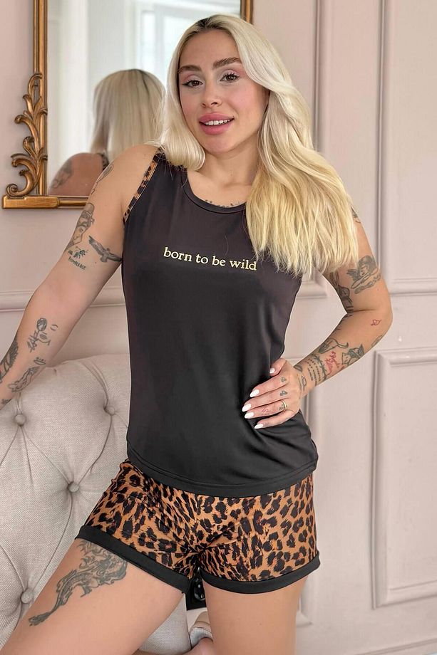 Siyah Born to Be Wild Leopar Desenli Sıfır Kol Şortlu Örme Kadın Pijama Takımı - 3