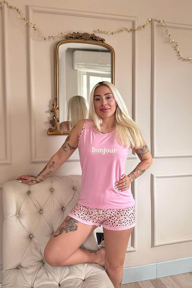 Pembe Bonjour Desenli Sıfır Kol Şortlu Örme Kadın Pijama Takımı - 3