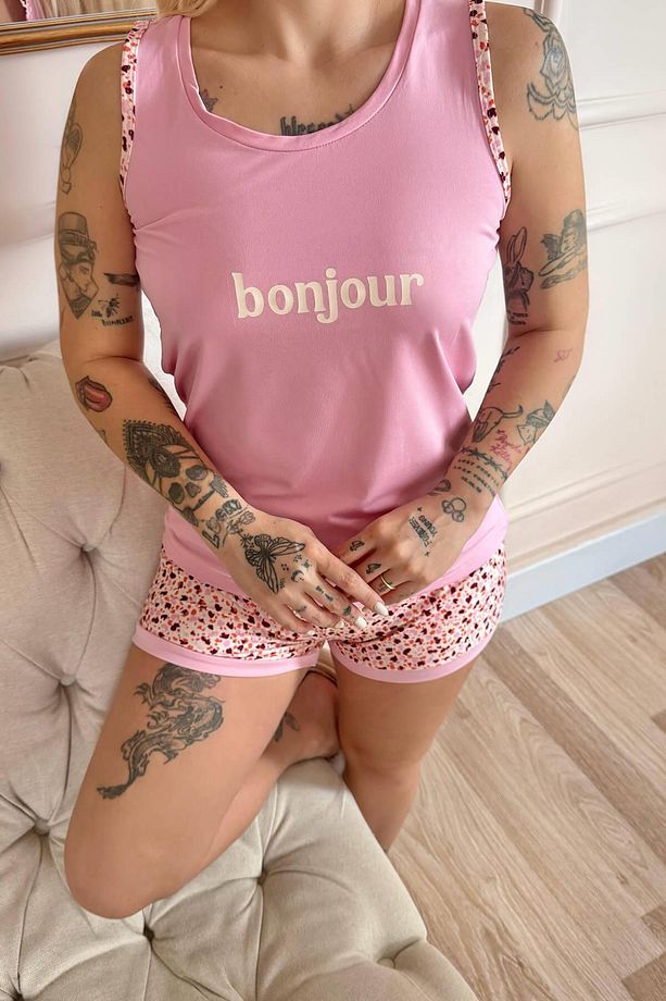 Pembe Bonjour Desenli Sıfır Kol Şortlu Örme Kadın Pijama Takımı - 6