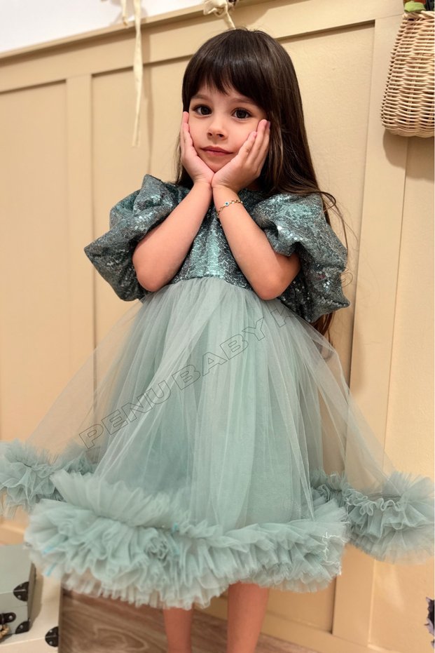 Green Sequined Balloon Sleeve Girl's Baby Girl Evening Dress with Grainy Tulle Skirt - Terra