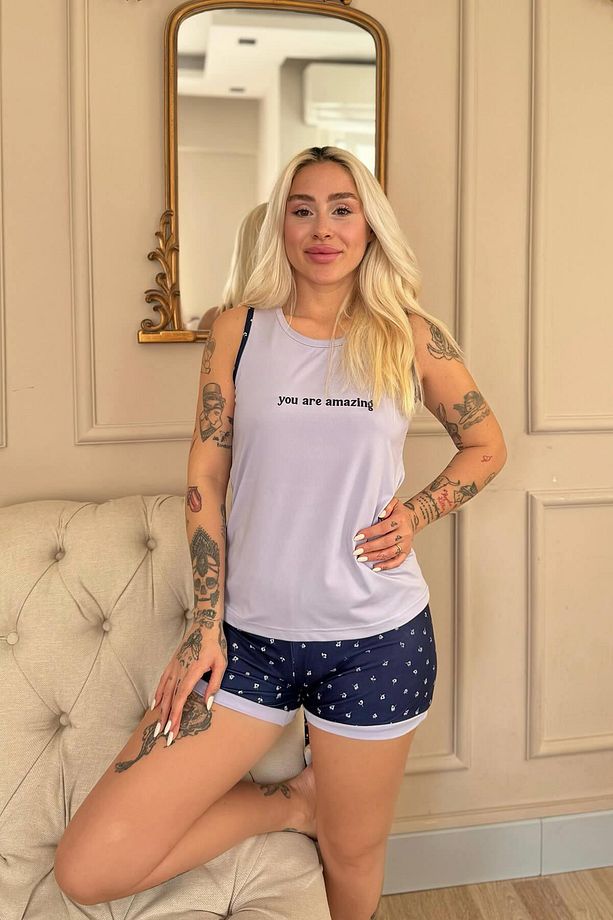 Lila You Are Desenli Sıfır Kol Şortlu Örme Kadın Pijama Takımı - 5