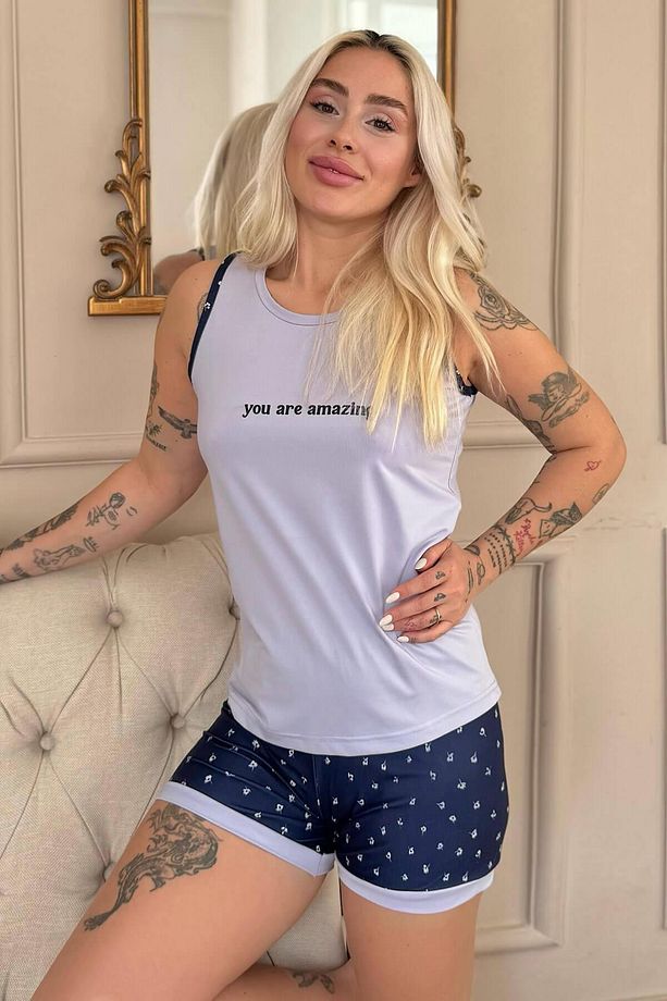 Lila You Are Desenli Sıfır Kol Şortlu Örme Kadın Pijama Takımı - 1