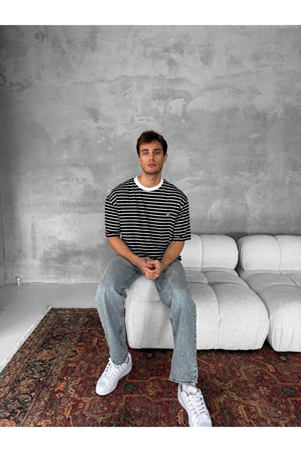 Çizgili Oversize Unisex Tshirt - 3