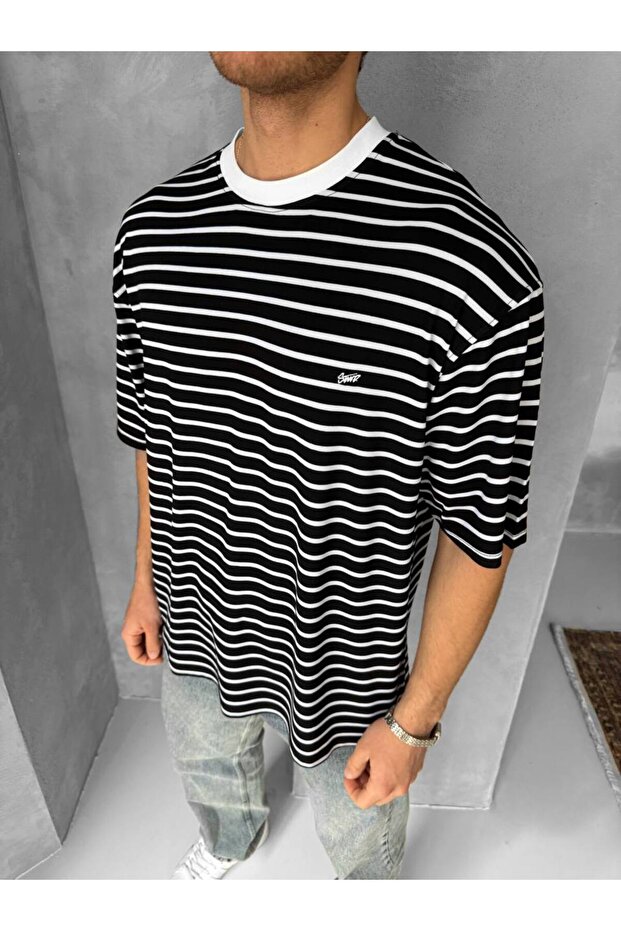 Çizgili Oversize Unisex Tshirt - 1