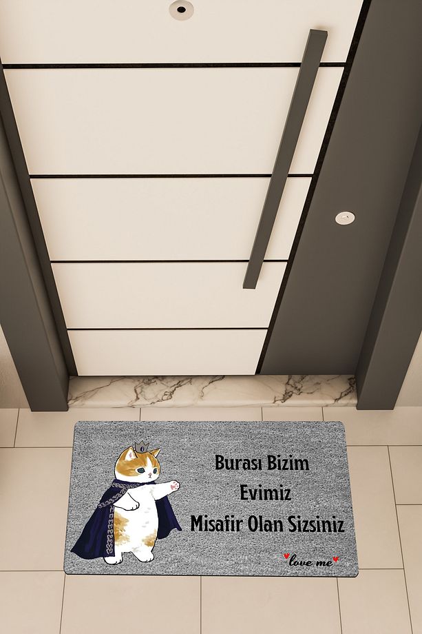 Yüksek Kaliteli Dijital Baskı Gri, Bizim Evimiz temalı Kapı Önü Paspası - 1