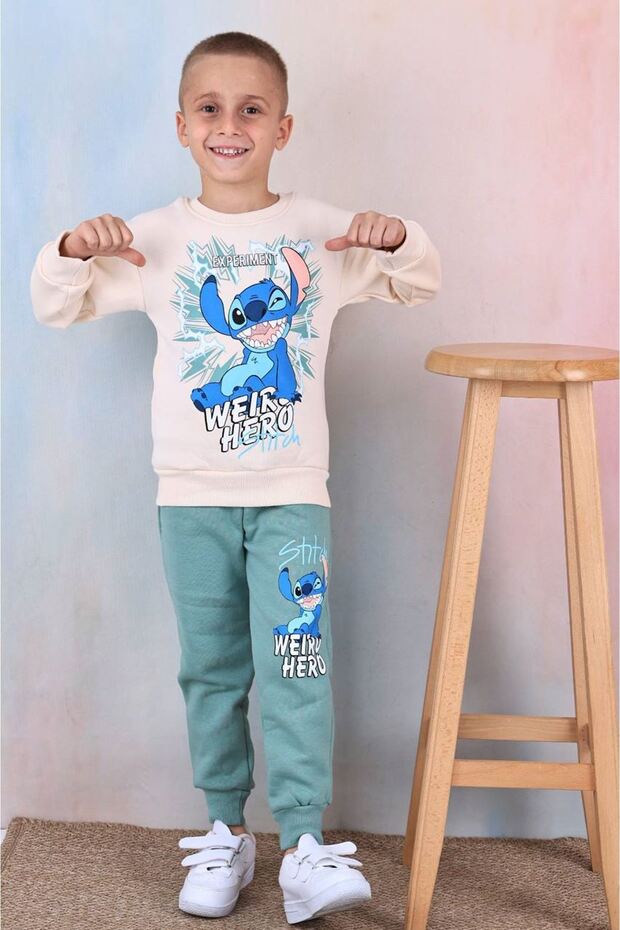 Pjk3İ Hero Stitch Patterned Green 3-Strand Ribbed 100% Cotton Boys' Tracksuit Set 3-10 Years 7361-Y